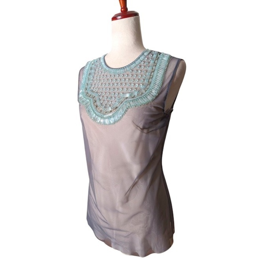 PRADA Embellished Sheer Sleeveless Top Blue Beaded Neckline Womens - Picture 2 of 14